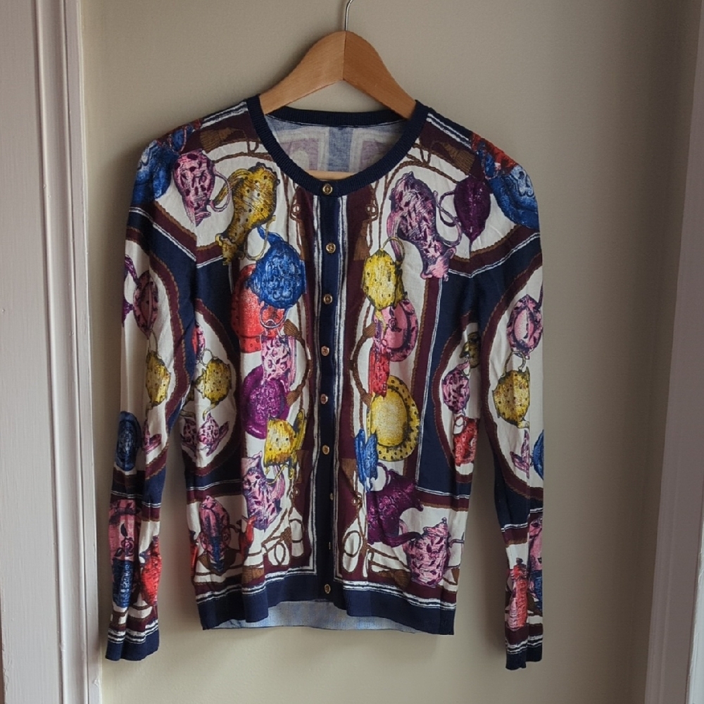 Colorful Tea Theme Patterned Women's Button Down Cardigan Size Small/XS